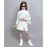 Taffykids Flannel Full Sleeves Self Design Crop Blazer & Coordinating Slit Skirt With Inner Top Set - White & Multi Colour