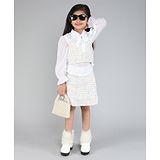 Taffykids Tweed Self Design Coordinating Crop Top & Skirt With Full Bell Sleeves Inner Top Set - White & Multi Colour