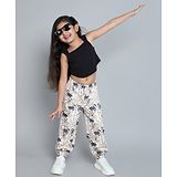 Taffykids Cotton Rib Sleeveless Solid Top & Palm Tree Printed Joggers Set - Black & Beige