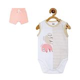 MINI KLUB Cotton Sleeveless Striped & Sloths Printed Onesie & Shorts Set - Multi Colour