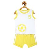 MINI KLUB Cotton Sleeveless Football Printed Tee With Side Taped Shorts Set - Yellow & White