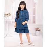 TINY BABY Knitted Three Fourth Sleeves Solid Pleated Dress With Stones Embellished Belt & Purse - Blue