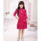 TINY BABY Knitted Three Fourth Sleeves Solid Pleated Dress With Stones Embellished Belt & Purse - Pink