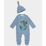 Mothercare Full Sleeves Striped Earth Printed Romper With Cap - Blue