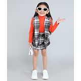 Taffykids Full Sleeves Solid Top & Checked Skirt With Coordinating Jacket Set - Black & Orange