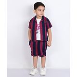 MASHUP Cotton Half Sleeves Striped Shirt With Typography Printed Tee & Coordinating Shorts Set - Maroon