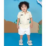 BAD BOYS Cotton Lycra Half Sleeves Striped & Explore Text Patch Detailed Shirt & Shorts Set - White