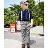 BAD BOYS Satin Full Sleeves Foil Striped Shirt & Pant Set With Polka Dots Printed Suspender Bow & Cap Set - Navy Blue