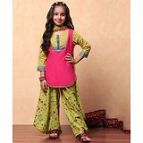 BIBA Cotton Three Fourth Sleeves Floral Printed Gota Lace Embellished Kurta With Coordinating Salwar & Dupatta Set - Pink