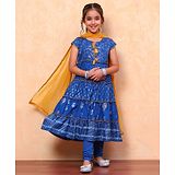 BIBA Cotton Half Sleeves Floral Foil Printed Tiered Kurta With Churidar & Dupatta Set - Bright Blue