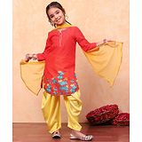 BIBA Cotton Three Fourth Sleeves Floral Printed Gota Lace Embellished Kurta With Solid Salwar & Dupatta Set - Red & Yellow