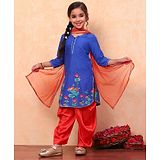 BIBA Cotton Three Fourth Sleeves Floral Printed Gota Lace Embellished Kurta With Solid Salwar & Dupatta Set - Red & Blue