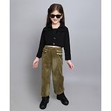 Taffykids Full Sleeves Solid Top & Pant With Jacket Set - Black & Olive Green