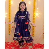 BownBee Velvet Three Fourth Sleeves Floral Foil Printed & Lace Embellished Anarkali Kurta Palazzzo With Dupatta Set - Blue