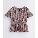 Tiny Girl Half Bell Sleeves Checked Top - Copper