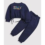 Tiny Girl Full Sleeves Brave Text Printed Top With Cut & Sew Joggers Set - Navy Blue