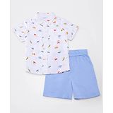 Nauti Nati Cotton Half Sleeves Animals Printed Shirt & Solid Shorts Set - White