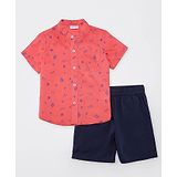 Nauti Nati Linen Half Sleeves Hat Printed Shirt & Solid Shorts - Orange