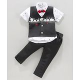 Dapper Dudes Half Sleeves Palm Trees Printed Shirt With Waistcoat Pant & Bow Set - Dark Grey