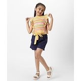 Nauti Nati Sleeveless Striped & Frill Detailed Top & Shorts With Belt Set - Yellow