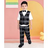 MASHUP Satin Full Sleeves Checked 3 Piece Party Suit Set - Black