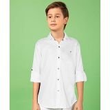 MASHUP Cotton Full Sleeves Swiss Dot Embroidered Shirt - White