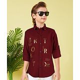 MASHUP Cotton Full Sleeves Typography Designed Shirt - Maroon