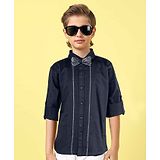 MASHUP Cotton Full Sleeves Self Designed Shirt With Bow - Black