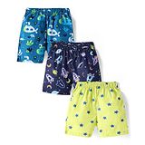 Babyhug Poplin Woven Boxers with Nautical & Space Theme Print Pack of 3 - Light Green Navy & Teal Blue