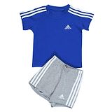 Adidas Kids Cotton Knit Half Sleeve T-Shirt & Shorts Set with Brand Logo Print & Tape Detailing - Blue & Grey