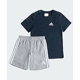 Adidas Kids Cotton Knit Half Sleeves T-Shirt & Shorts Set with Brand Logo Print & Tape Detailing - Navy Blue & Grey