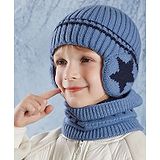 Ziory Woolen Star Designed Pleated Beanie Cap With Scarf Set - Blue