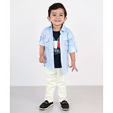 BAD BOYS Cotton Full Sleeves Striped Shirt With Pant & Typography Printed Tee Set - Sky Blue