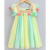 Nauti Nati Short Sleeves Tassel Detailed Flower Embroidered Pleated Dress - Yellow