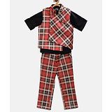 Actuel Full Sleeves Shirt With Checkered Waistcoat & Pants - Red & Black