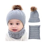 Syga Woolen Pom Pom Cap & Scarf Set Grey - Diameter 11 cm