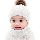 Syga Woolen Pom Pom Cap & Scarf Set White - Diameter 11 cm