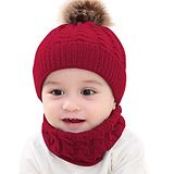 Syga Woolen Pom Pom Cap & Scarf Set Maroon - Diameter 11 cm