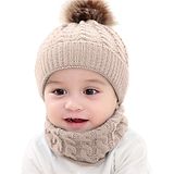 Syga Woolen Pom Pom Cap & Scarf Set Beige - Diameter 11 cm