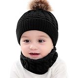 Syga Woolen Pom Pom Cap & Scarf Set Black - Diameter 15.5 cm