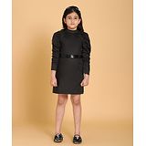 Piccolo Puff Full Sleeves Solid Color Dress With Belt - Black