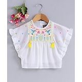 Little Kangaroos Short Sleeves Floral Embroidered Top with Tassels - White