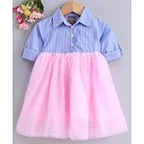 Little Kangaroos Three Fourth Sleeves Striped Frock - Blue Light Pink