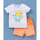 Babyoye Half Sleeves Tee & Shorts Fox Print - Grey Orange