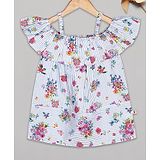 Budding Bees Half Sleeves Floral Print Cold Shoulder Top - Blue