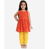 Vastramay Sleeveless Handloom Solid Cotton Kurta & Straight Pant Set - Red Yellow