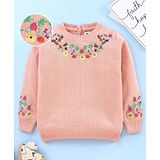 Yellow Apple Full Sleeves Sweater Floral Embroidery - Peach