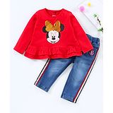 Babyhug Full Sleeves Top & Jeans Minnie Mouse Print - Red Blue