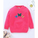 Yellow Apple Full Sleeves Pullover Sweater Butterfly Embroidery - Pink