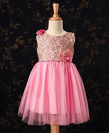Babyhug Sleeveless Sequinned Party Frock With Bow Applique- Pink